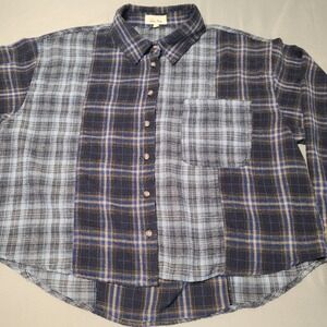 Love Notes Plaid Patchwork Shirt Womens L Blue Boxy Flannel Grunge Button Down